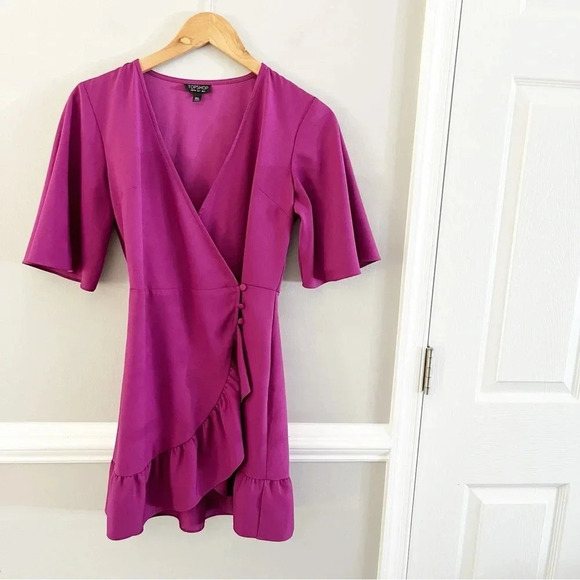TopShop Dress Purple Ruffled Wrap Mini Dress Size 2 - Picture 1 of 7